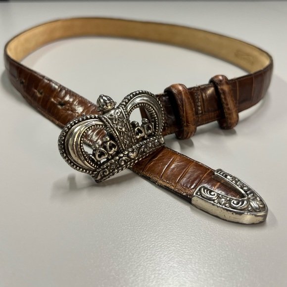 Brighton Vintage Silver Crown Buckle Mock Croc Brown Leather Waist Belt M/L - Picture 7 of 15